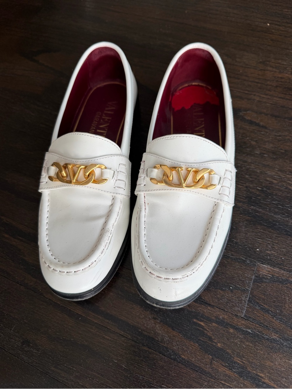Valentino White Leather Chain Loafers